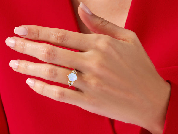 Hexagon Opal Engagement Ring with Moissanite Cluster