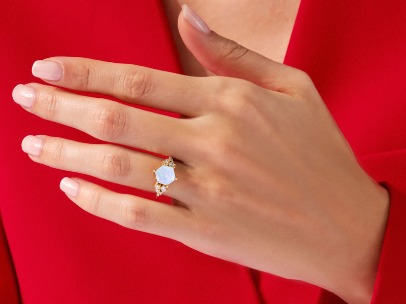 Hexagon Opal Engagement Ring with Moissanite Cluster