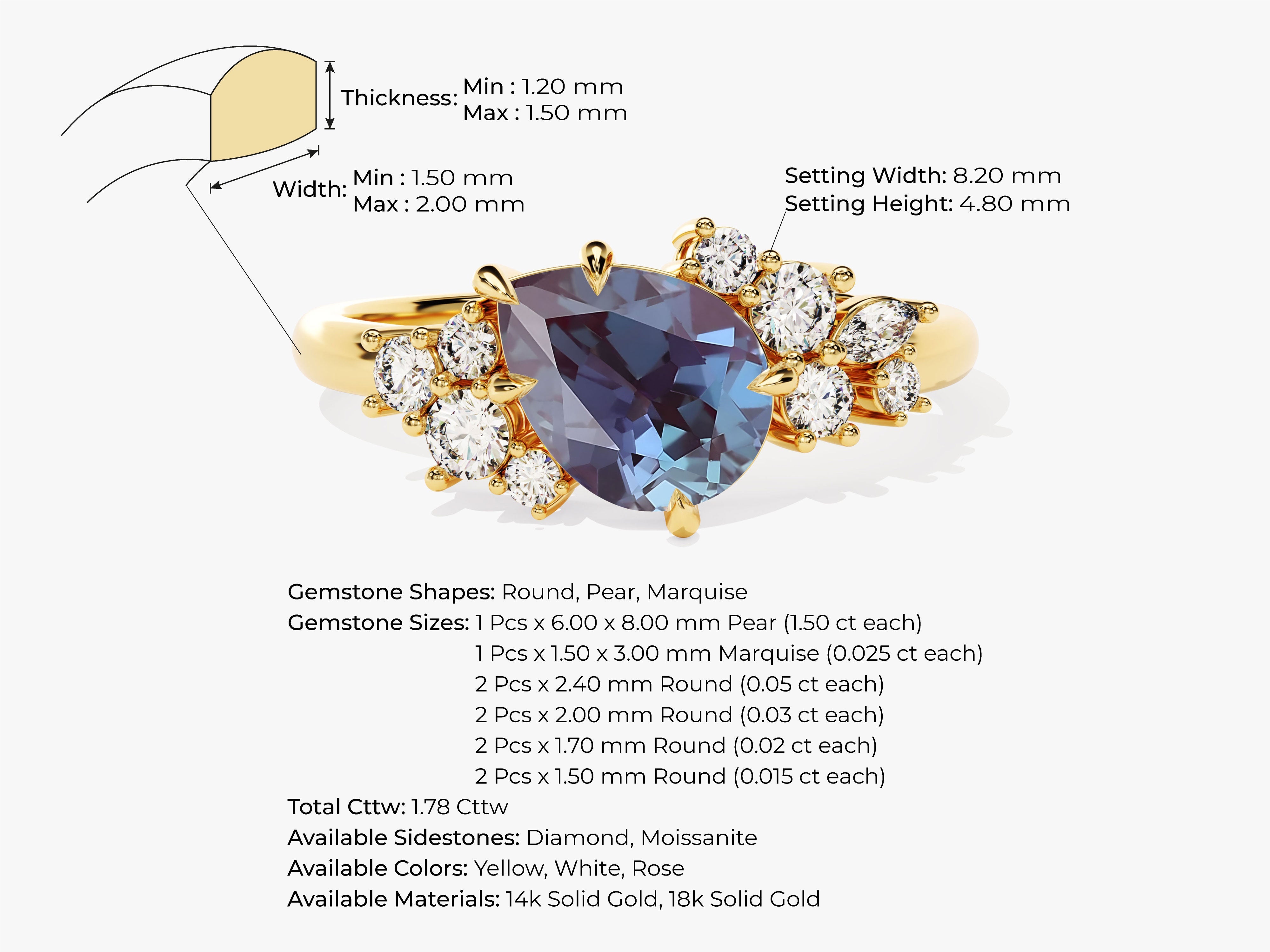 Pear Lab Alexandrite Engagement Ring with Round Moissanite Cluster