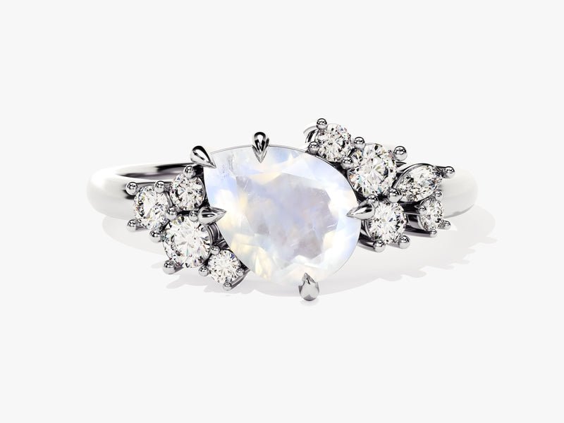 Pear Moonstone Engagement Ring with Round Moissanite Cluster