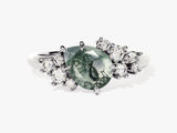 Pear Moss Agate Engagement Ring with Round Moissanite Cluster