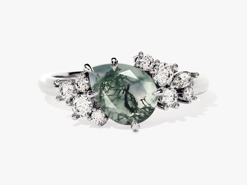 Pear Moss Agate Engagement Ring with Round Moissanite Cluster