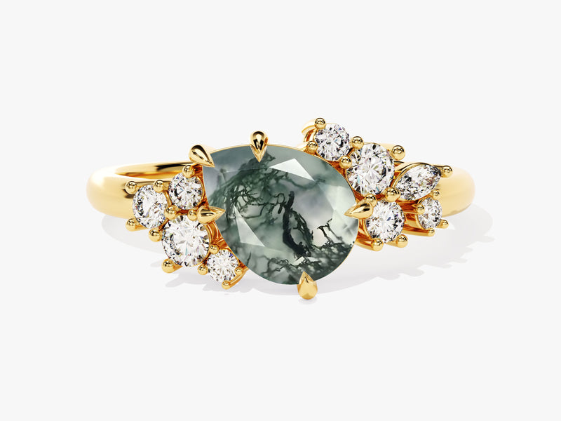Pear Moss Agate Engagement Ring with Round Moissanite Cluster