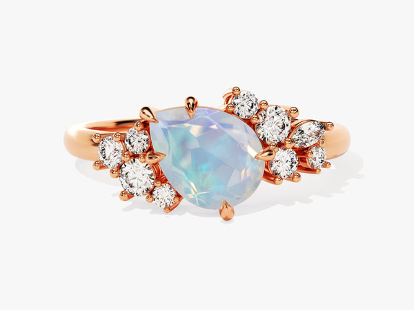 Pear Opal Engagement Ring with Round Moissanite Cluster