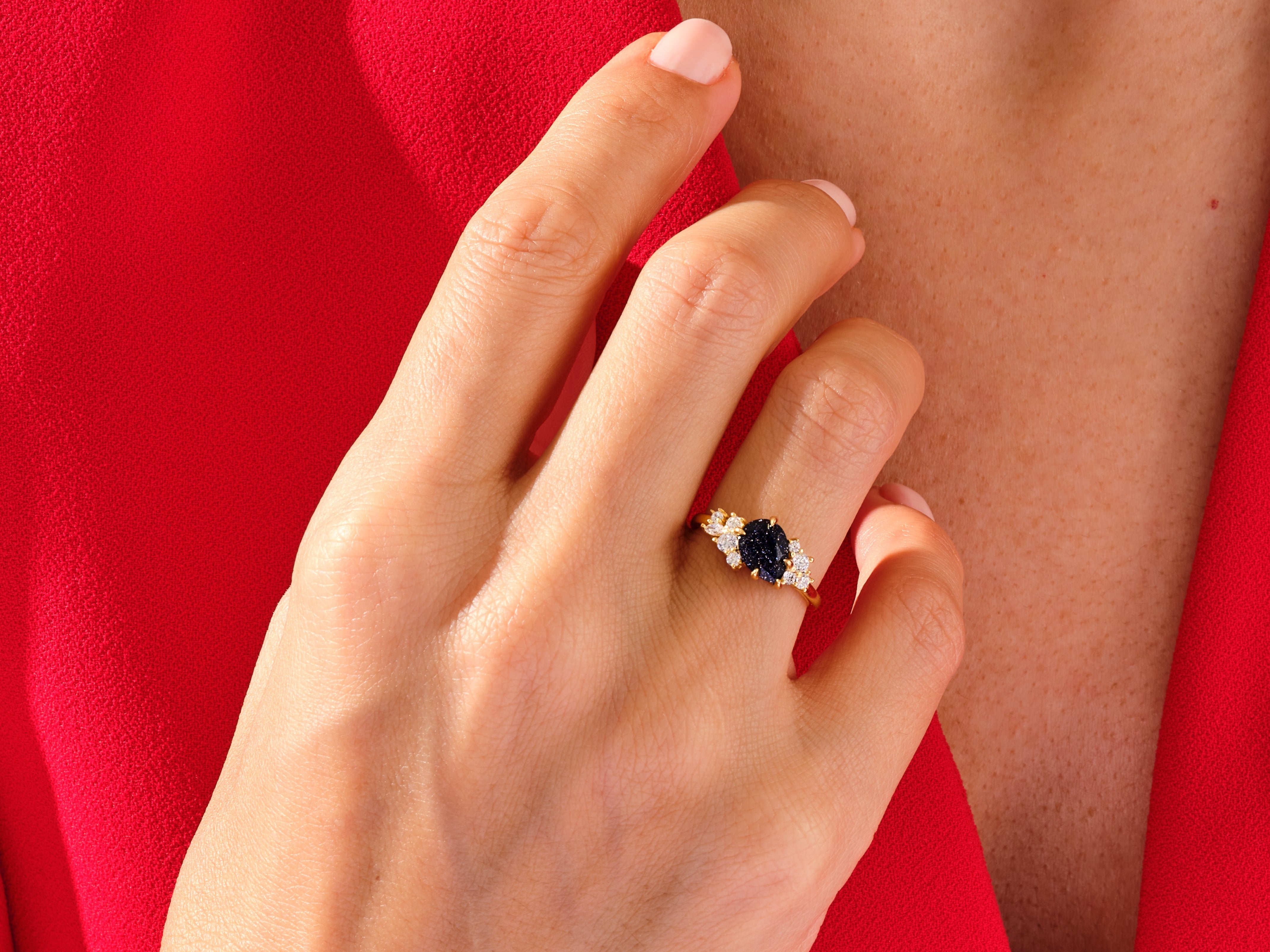 Pear Blue Sandstone Engagement Ring with Round Moissanite Cluster