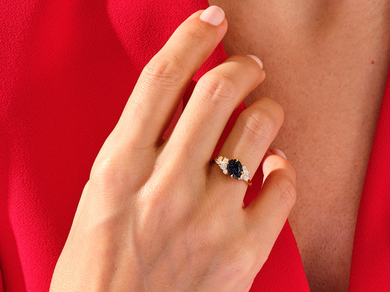 Pear Blue Sandstone Engagement Ring with Round Moissanite Cluster