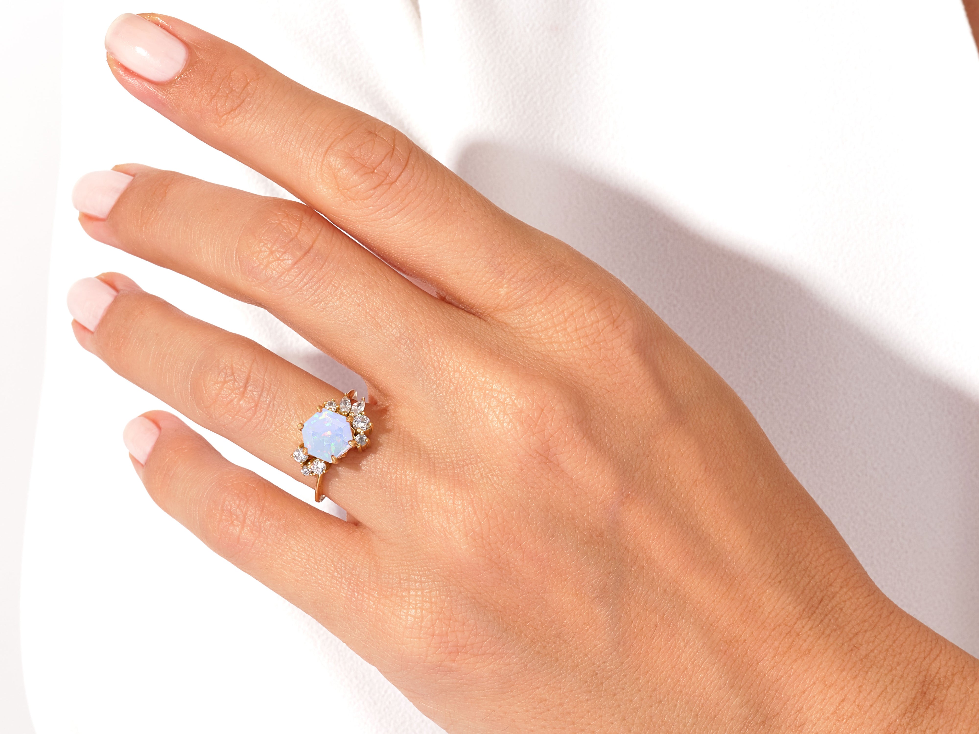 Hexagon Opal Vintage Engagement Ring with Moissanite Cluster