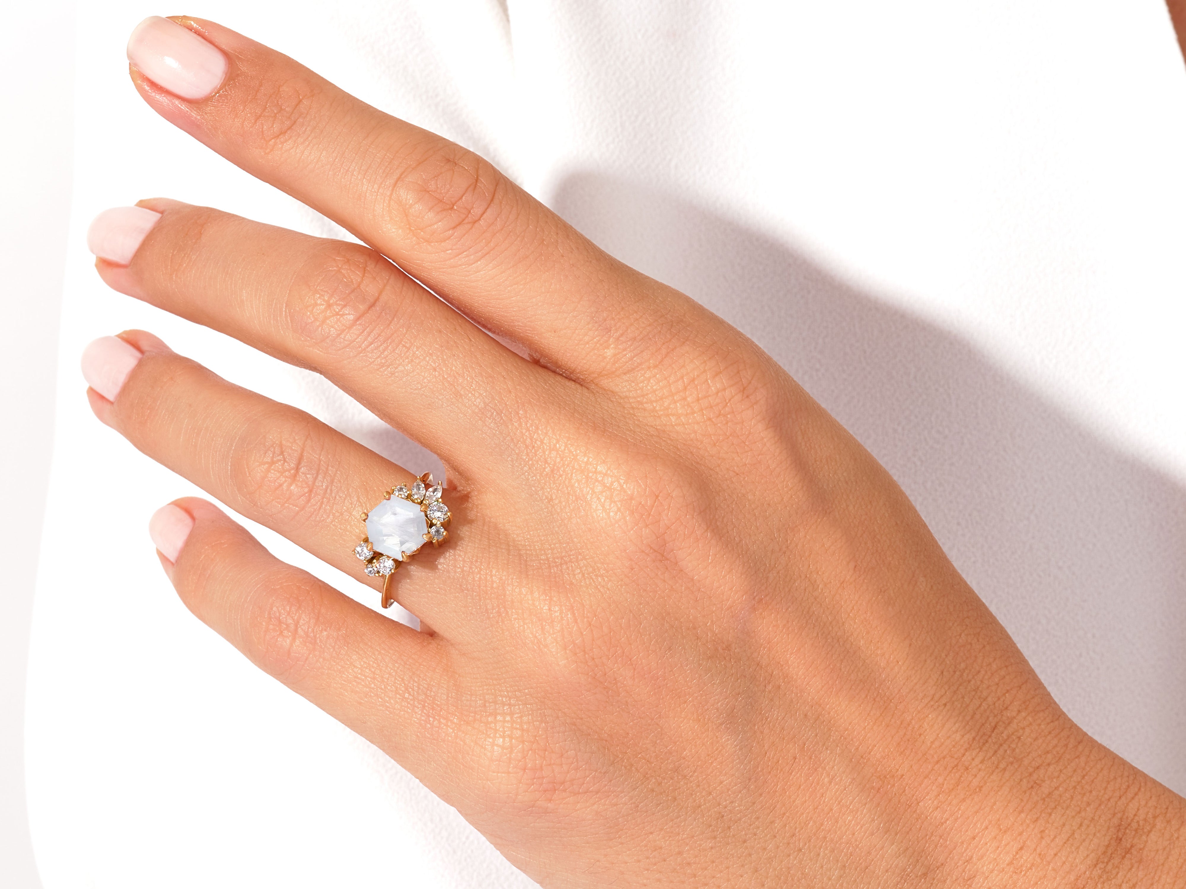 Hexagon Moonstone Vintage Engagement Ring with Moissanite Cluster