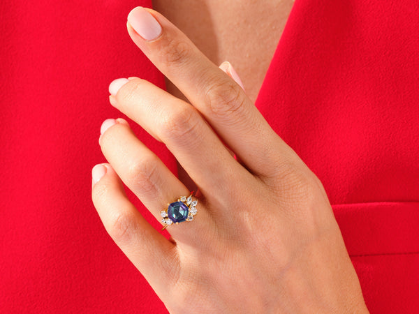 Hexagon Lab Alexandrite Vintage Engagement Ring with Moissanite Cluster