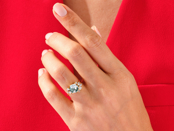 Hexagon Moss Agate Vintage Engagement Ring with Moissanite Cluster