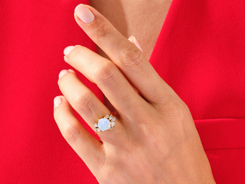 Hexagon Opal Vintage Engagement Ring with Moissanite Cluster