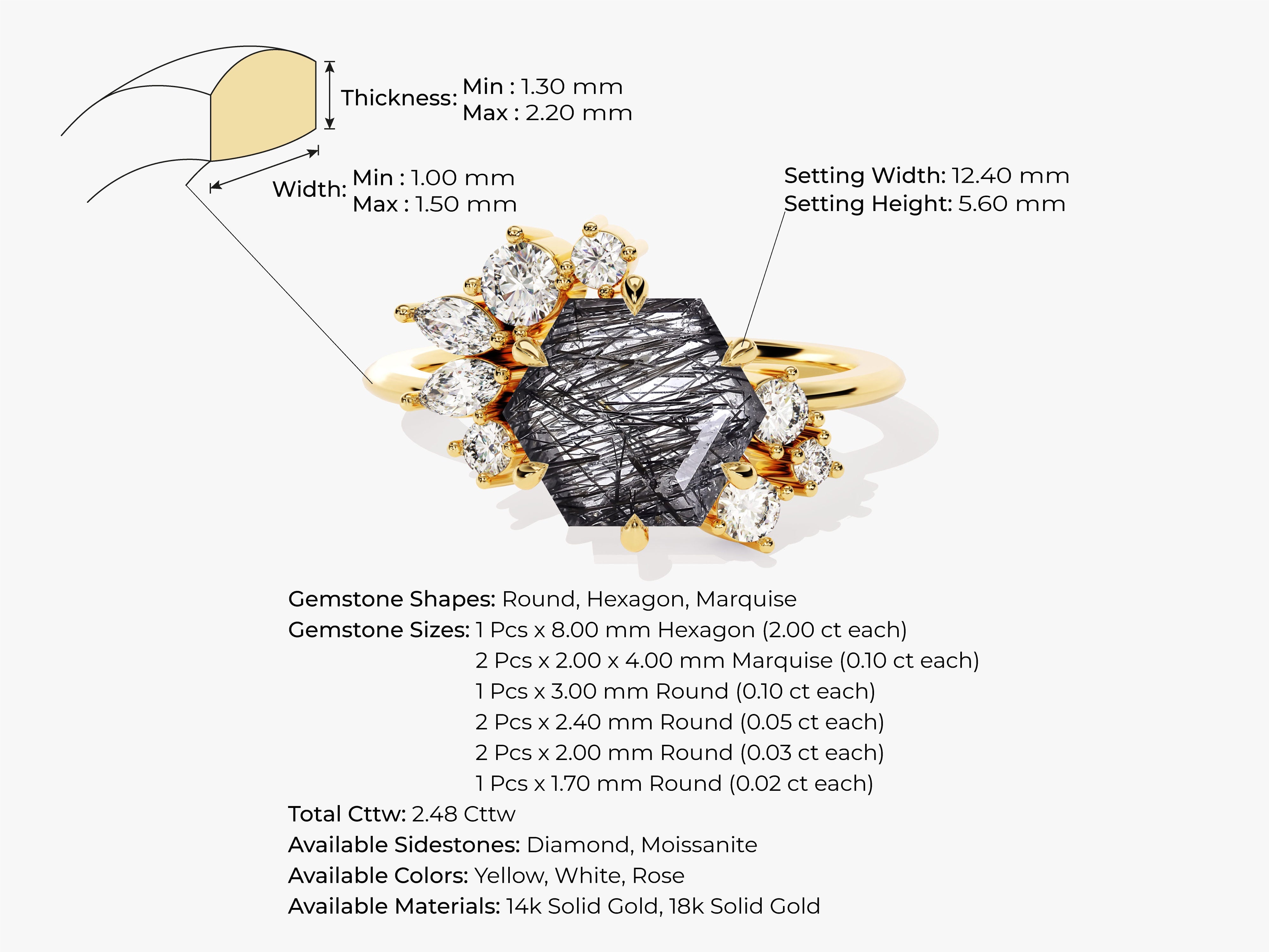 Hexagon Black Rutilated Quartz Vintage Engagement Ring with Moissanite Cluster