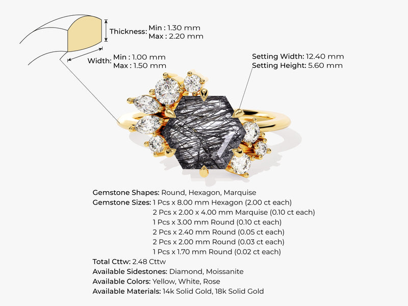 Hexagon Black Rutilated Quartz Vintage Engagement Ring with Moissanite Cluster