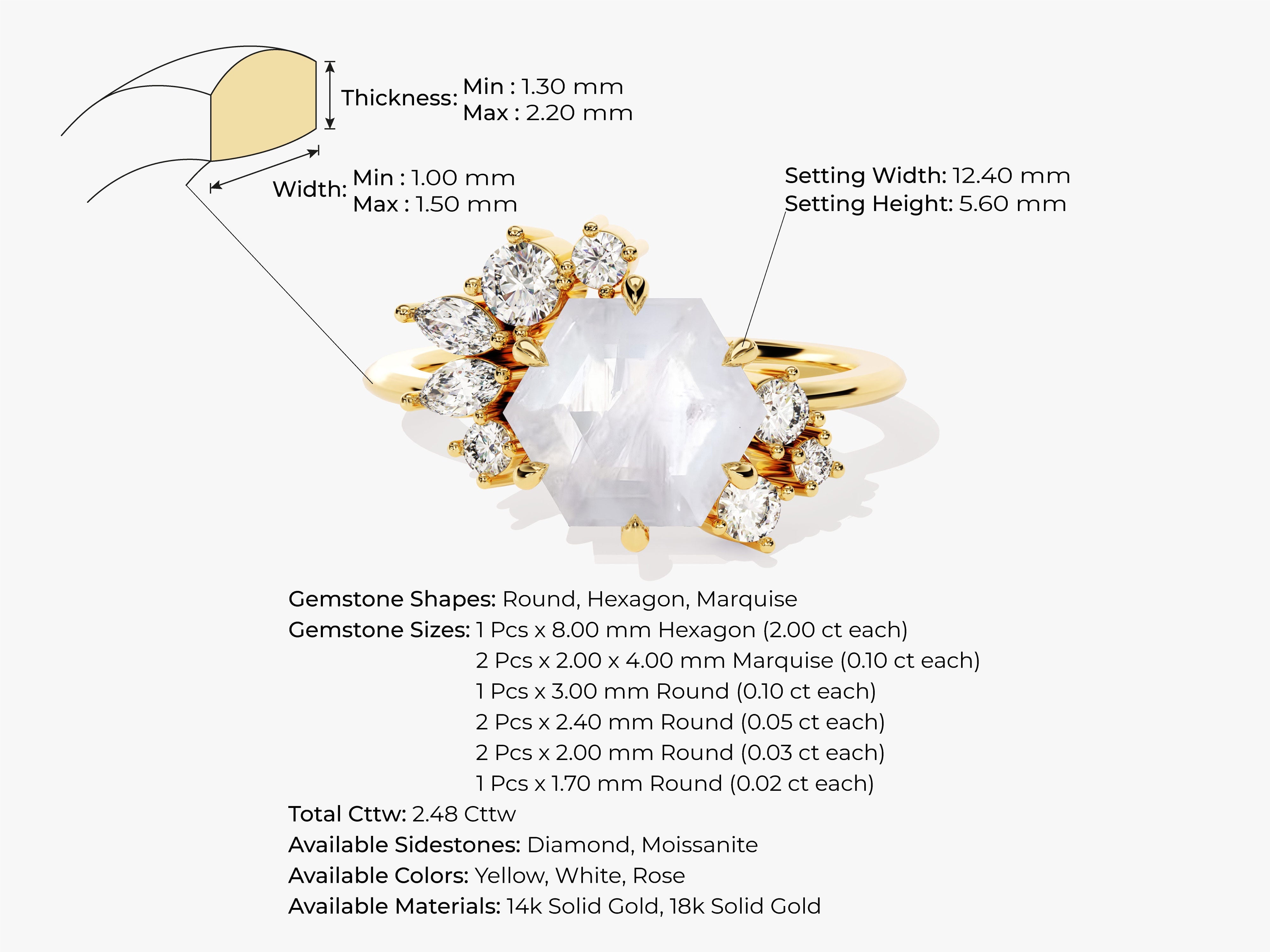 Hexagon Moonstone Vintage Engagement Ring with Moissanite Cluster