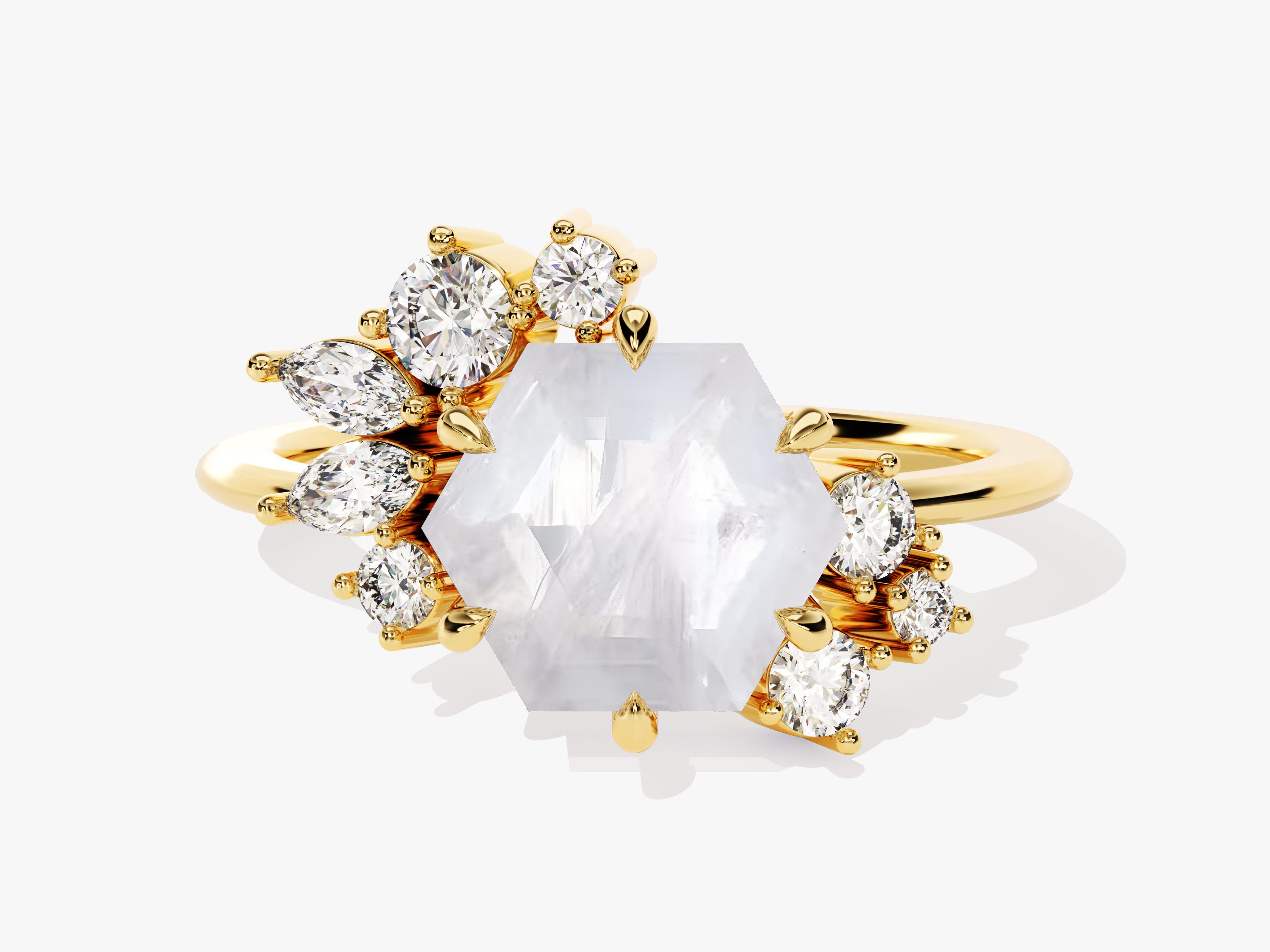Gold ring with hexagon moonstone and diamond accents