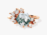 Hexagon Moss Agate Vintage Engagement Ring with Moissanite Cluster
