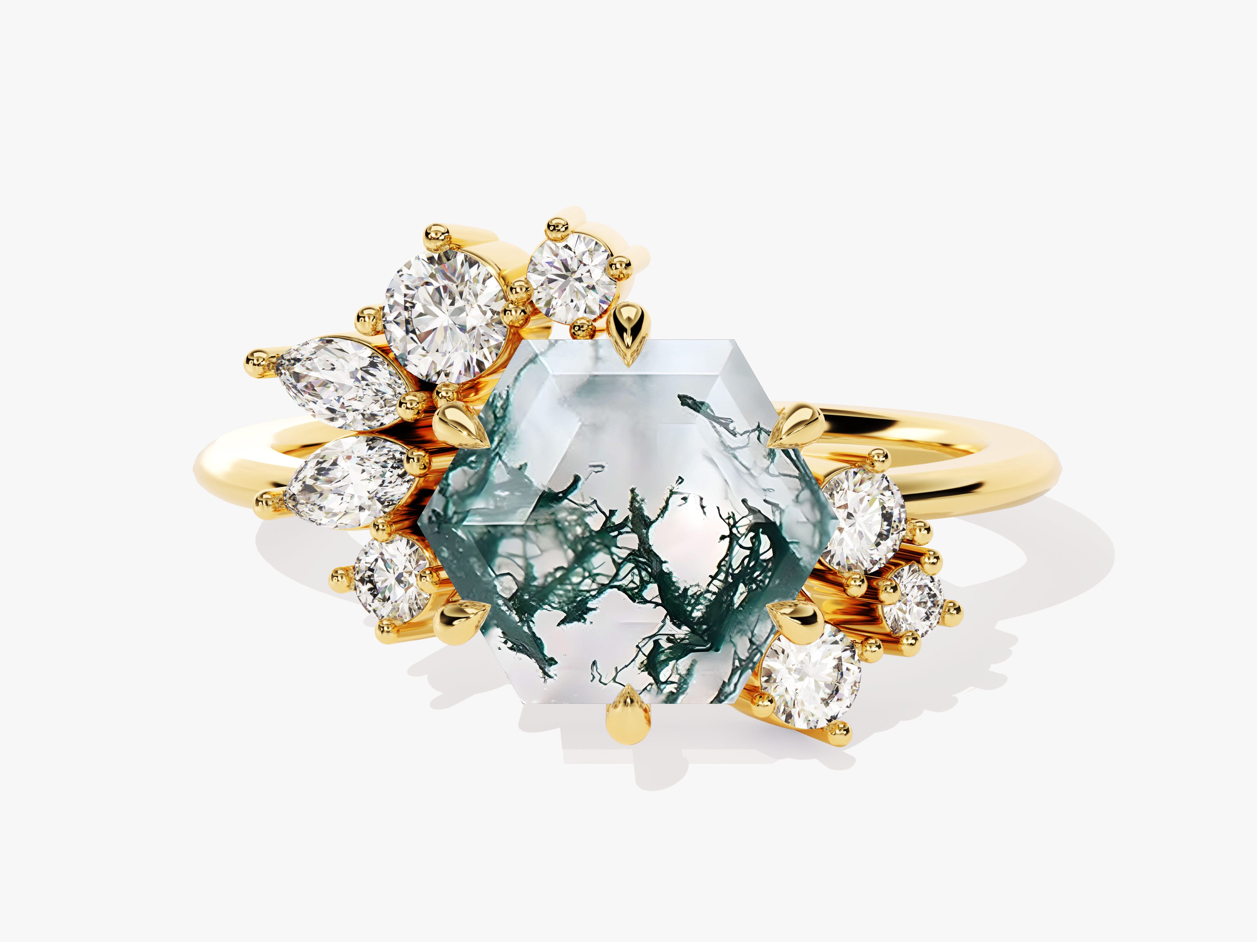 Hexagonal moss agate ring with diamonds, gold jewelry