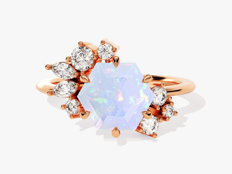 Hexagon Opal Vintage Engagement Ring with Moissanite Cluster