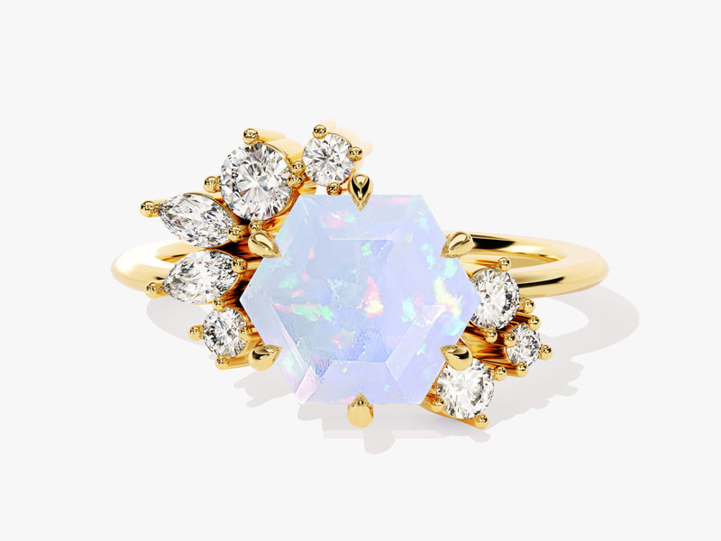 Hexagon Opal Vintage Engagement Ring with Moissanite Cluster