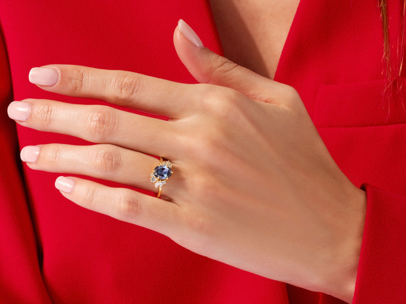 Oval Lab Alexandrite Engagement Ring with Round Moissanite Cluster