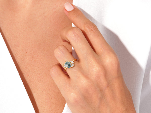 Oval Moss Agate Engagement Ring with Round Moissanite Cluster