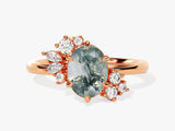 Oval Moss Agate Engagement Ring with Round Moissanite Cluster