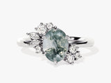 Oval Moss Agate Engagement Ring with Round Moissanite Cluster