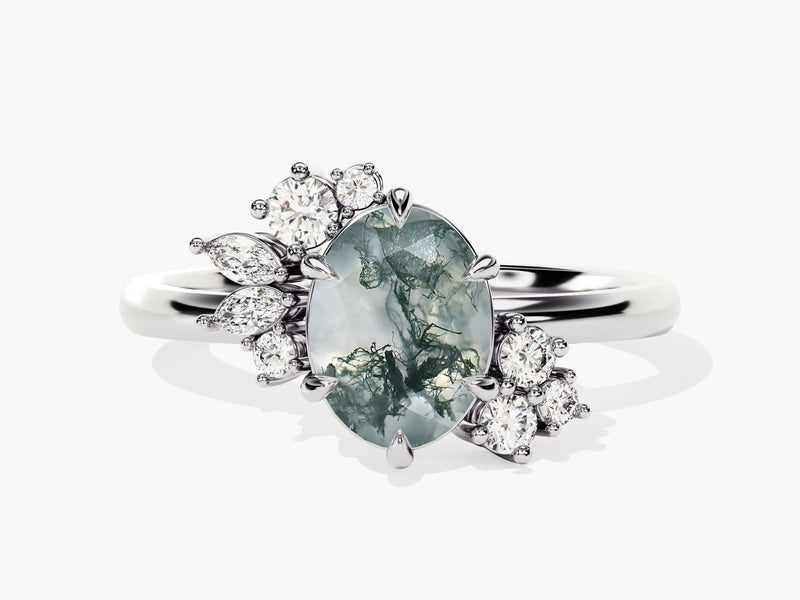 Oval Moss Agate Engagement Ring with Round Moissanite Cluster