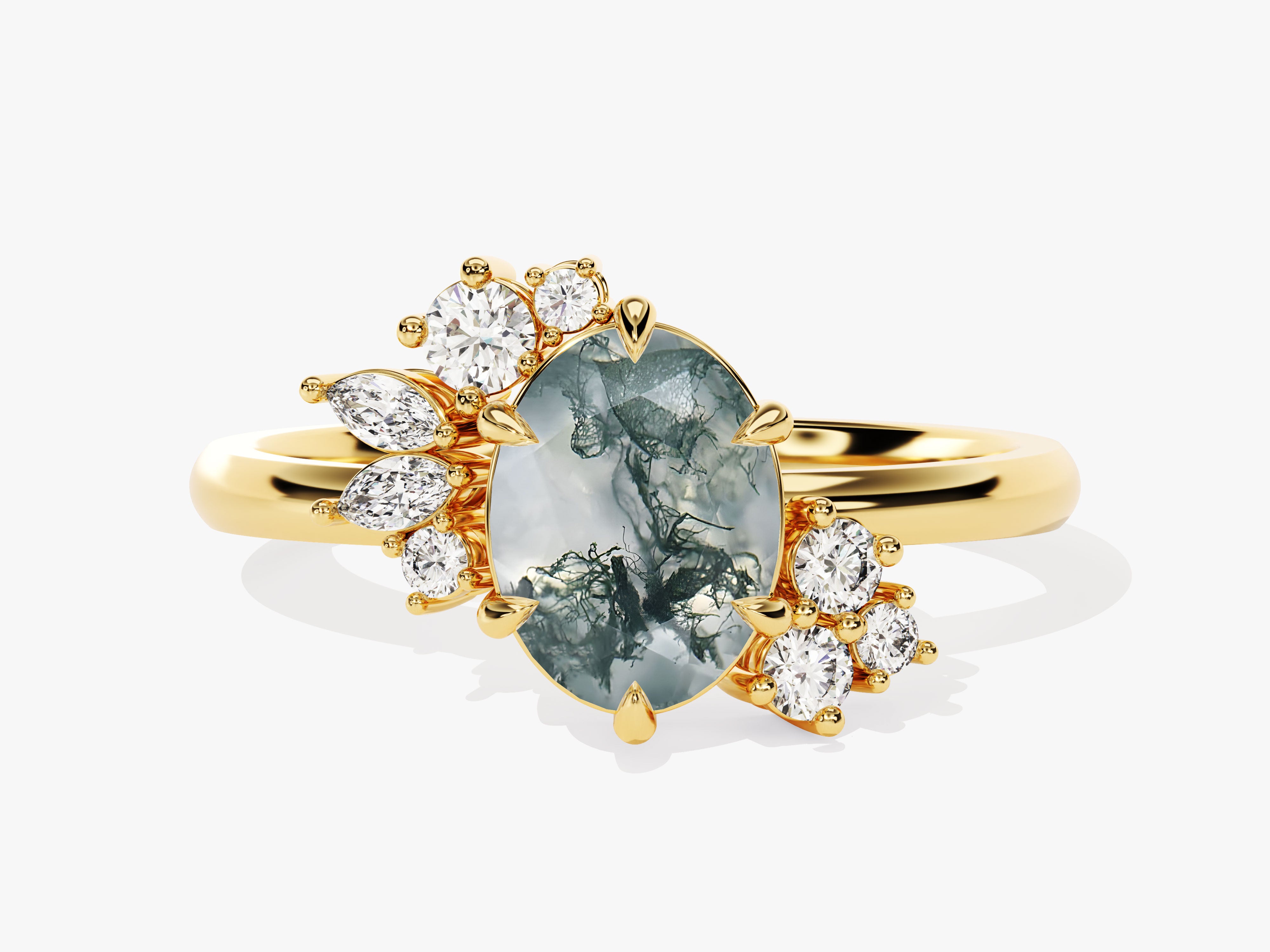 Gold ring with oval moss agate and diamond accents