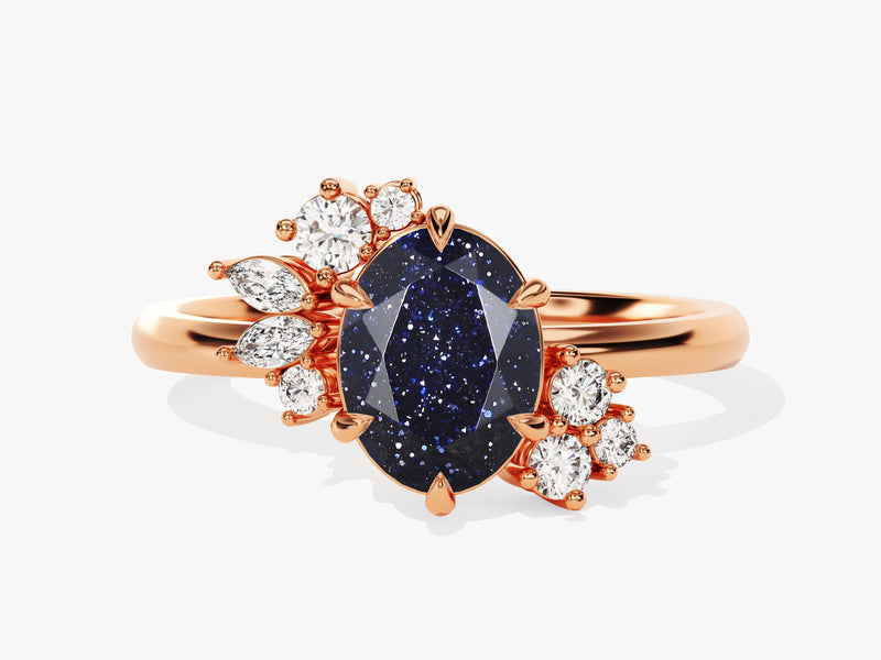 Oval Blue Sandstone Engagement Ring with Round Moissanite Cluster