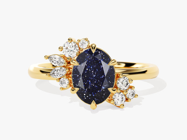 Oval Blue Sandstone Engagement Ring with Round Moissanite Cluster