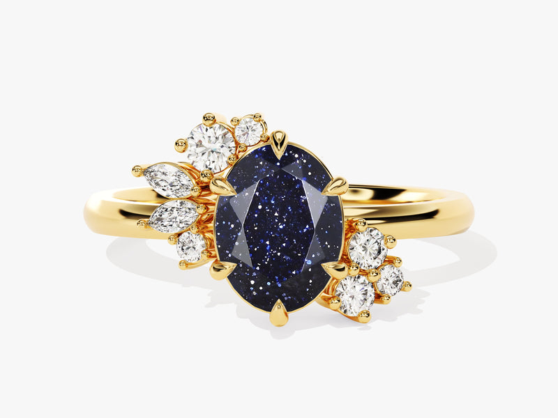 Oval Blue Sandstone Engagement Ring with Round Moissanite Cluster