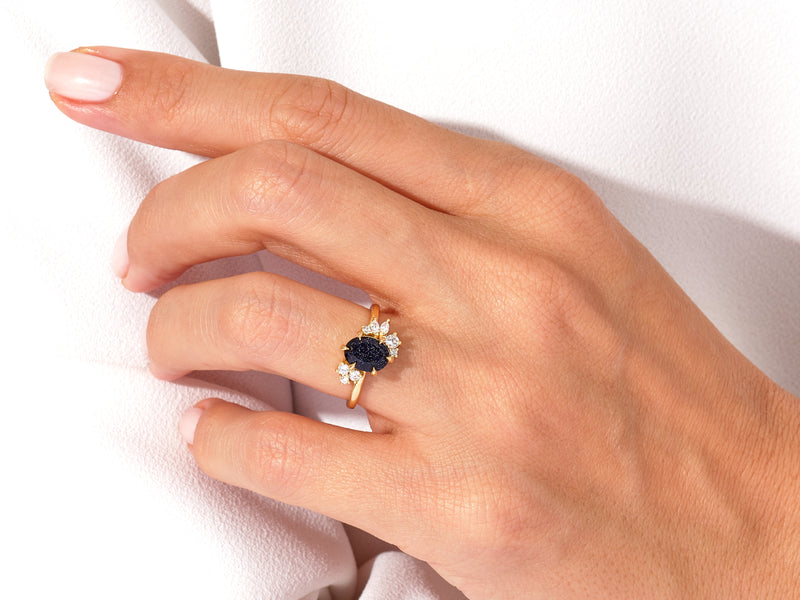 Oval Blue Sandstone Engagement Ring with Round Moissanite Cluster