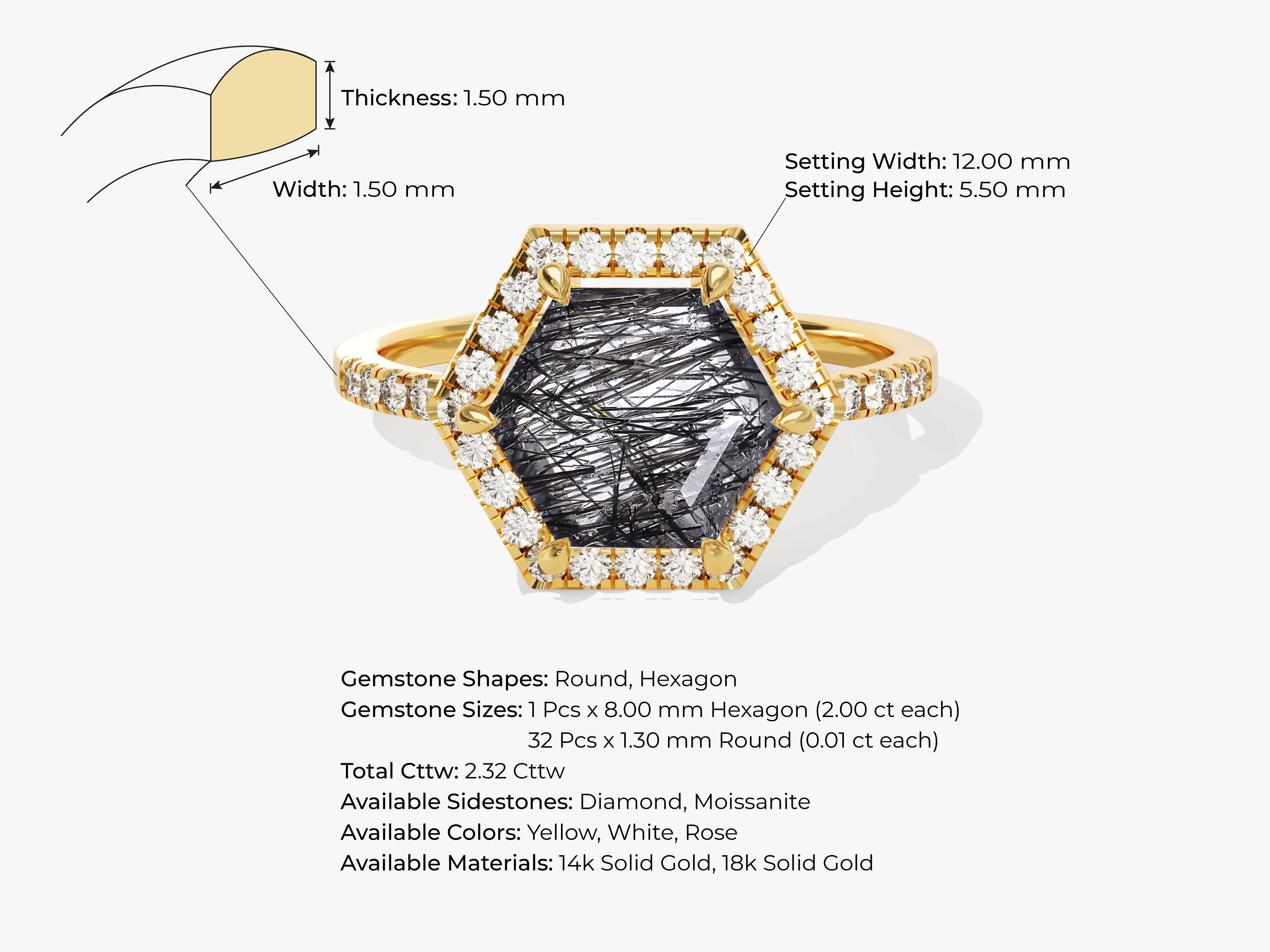 Halo Hexagon Black Rutilated Quartz Engagement Ring with Pave Set Moissanite Sidestones