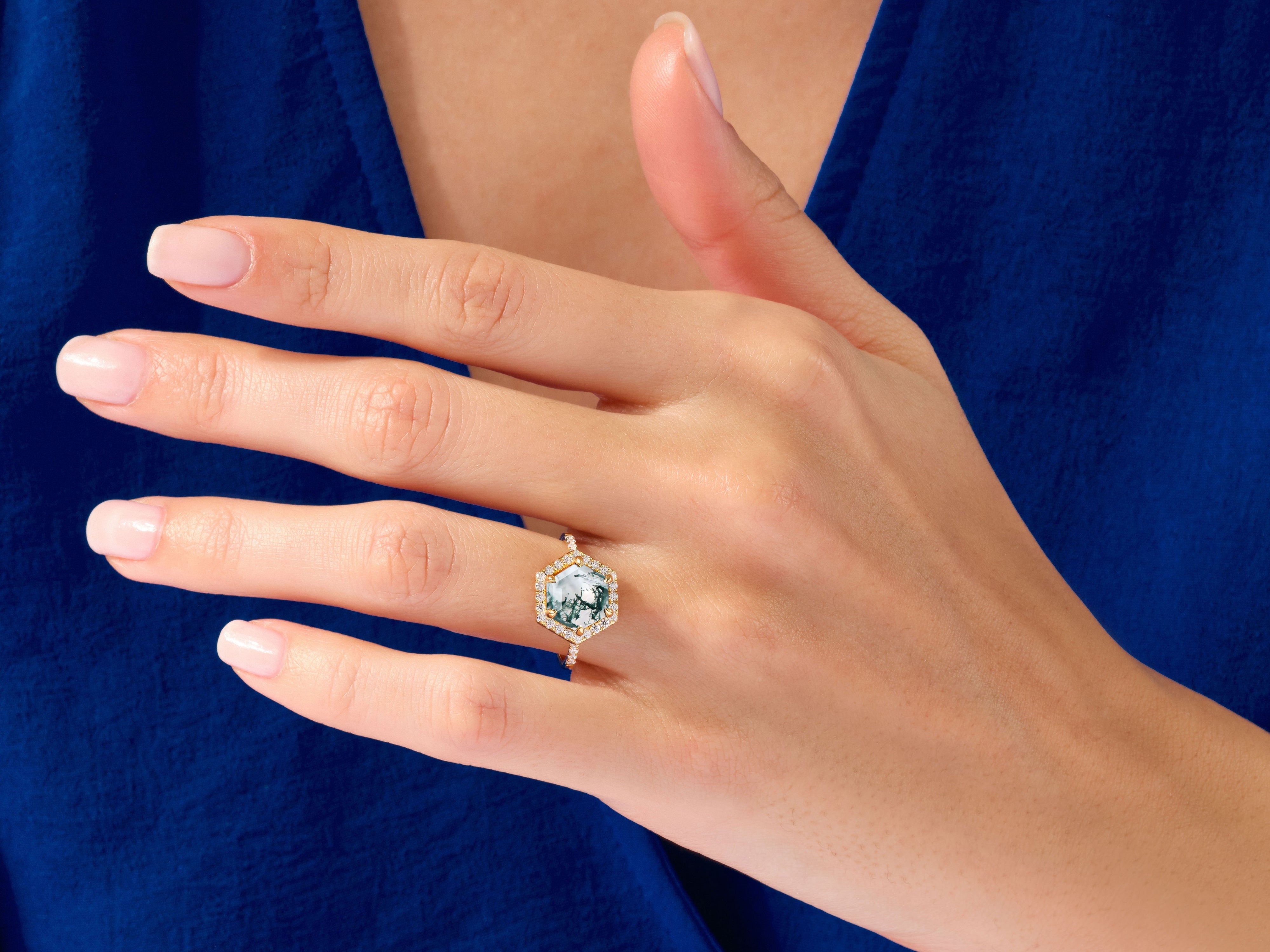 Halo Hexagon Moss Agate Engagement Ring with Pave Set Moissanite Sidestones