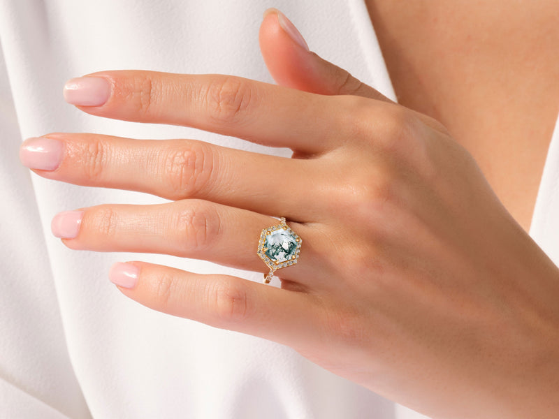 Halo Hexagon Moss Agate Engagement Ring with Pave Set Moissanite Sidestones