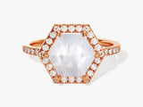 Halo Hexagon Moonstone Engagement Ring with Pave Set Moissanite Sidestones