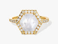 Halo Hexagon Moonstone Engagement Ring with Pave Set Moissanite Sidestones