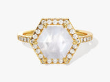 Halo Hexagon Moonstone Engagement Ring with Pave Set Moissanite Sidestones