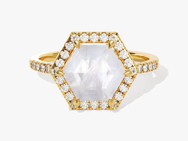Halo Hexagon Moonstone Engagement Ring with Pave Set Moissanite Sidestones
