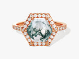 Halo Hexagon Moss Agate Engagement Ring with Pave Set Moissanite Sidestones