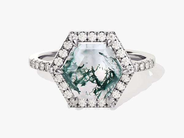Halo Hexagon Moss Agate Engagement Ring with Pave Set Moissanite Sidestones