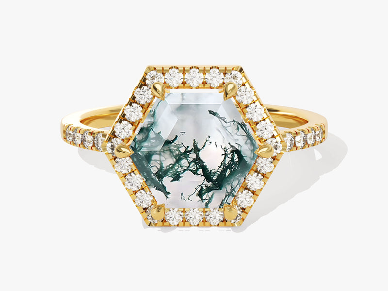 Halo Hexagon Moss Agate Engagement Ring with Pave Set Moissanite Sidestones