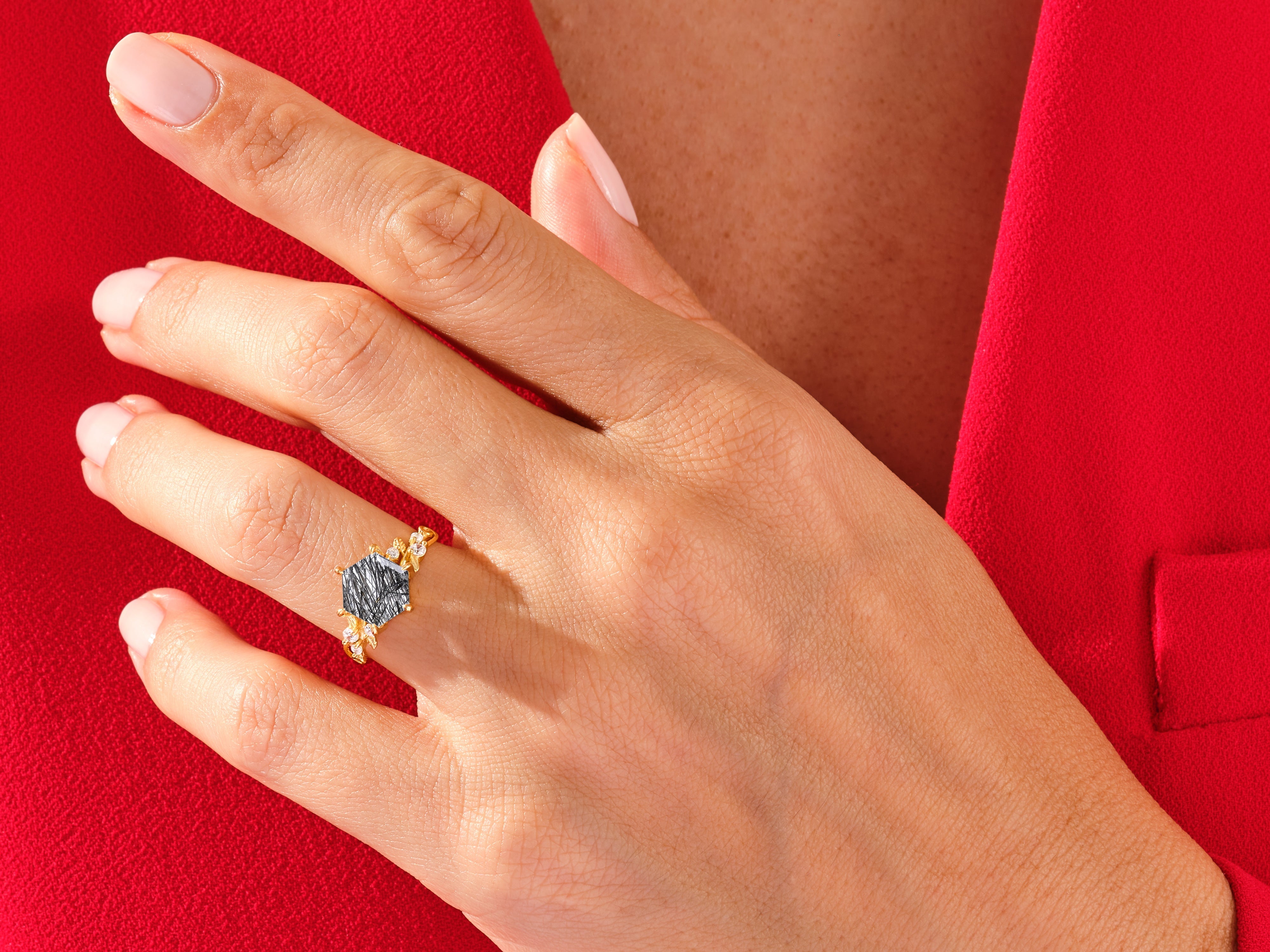 Hexagon Black Rutilated Quartz Nature-Inspired Engagement Ring with Moissanite Sidestones