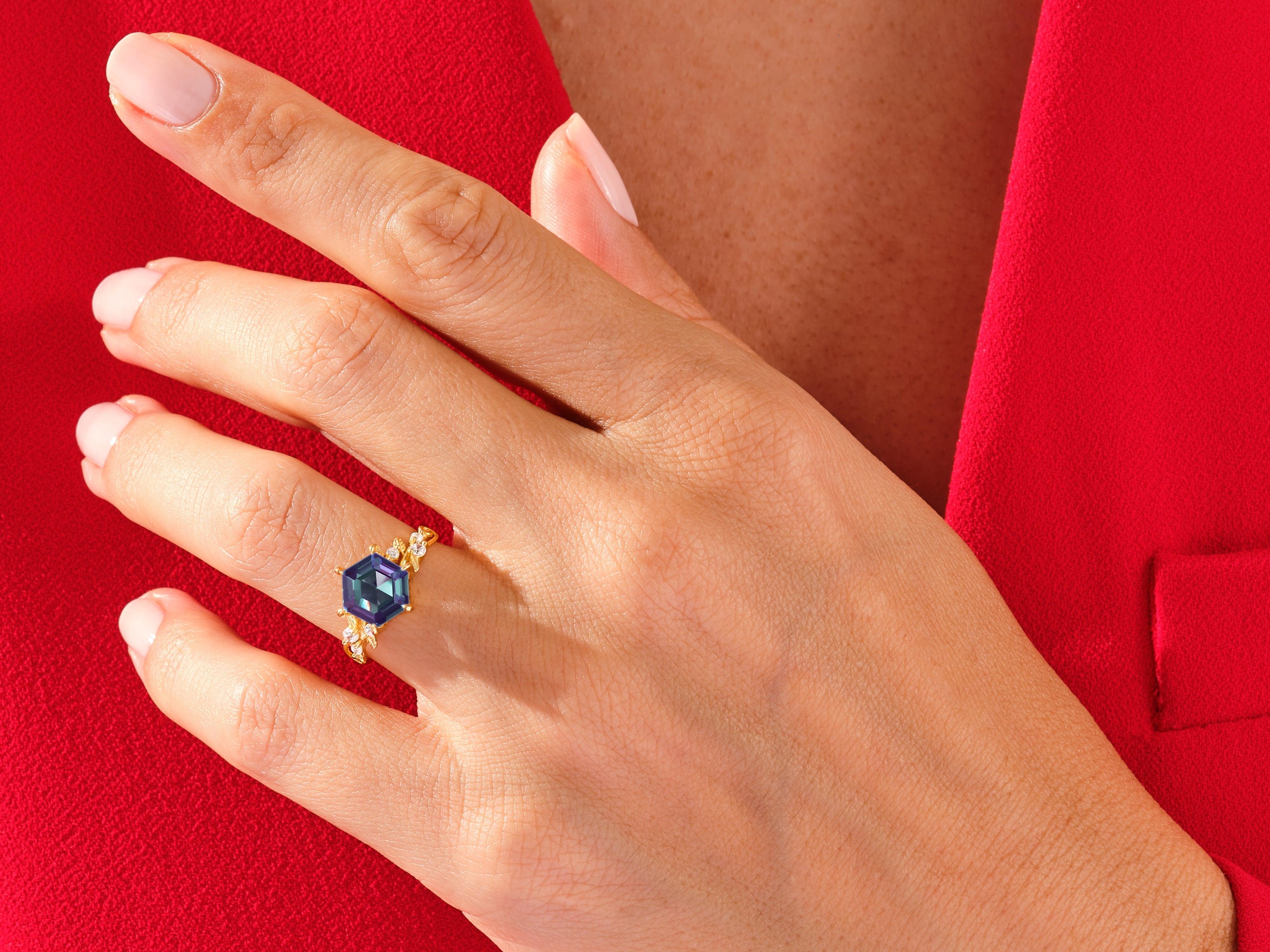 Hexagon Lab Alexandrite Nature-Inspired Engagement Ring with Moissanite Sidestones