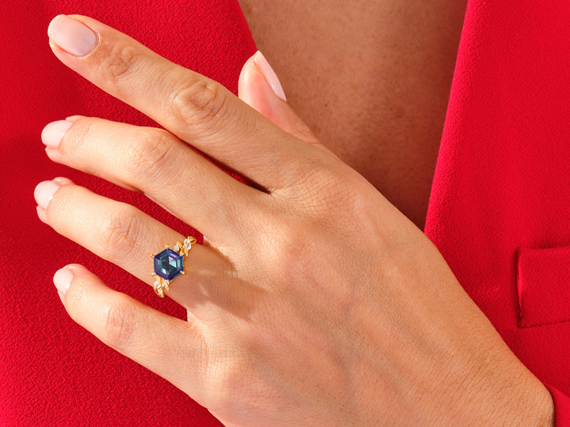 Hexagon Lab Alexandrite Nature-Inspired Engagement Ring with Moissanite Sidestones