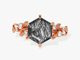 Hexagon Black Rutilated Quartz Nature-Inspired Engagement Ring with Moissanite Sidestones