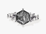 Hexagon Black Rutilated Quartz Nature-Inspired Engagement Ring with Moissanite Sidestones