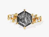 Hexagon Black Rutilated Quartz Nature-Inspired Engagement Ring with Moissanite Sidestones