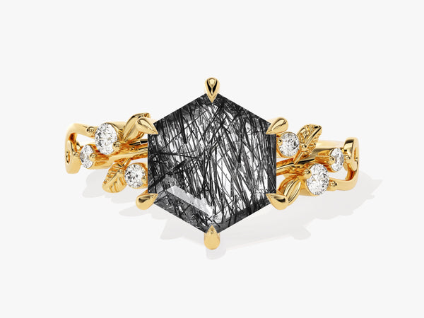 Hexagon Black Rutilated Quartz Nature-Inspired Engagement Ring with Moissanite Sidestones